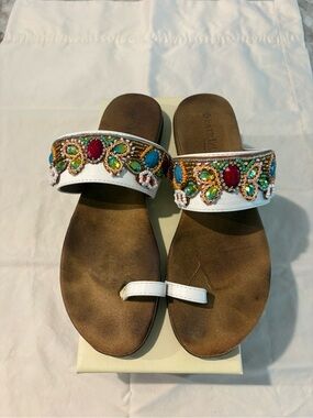Patriza White Beaded Slide Sandals with Multicolor Gem Accents